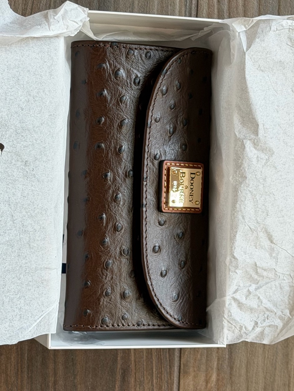 Dooney & Bourke Ostrich-Embossed Leather Continental Clutch in Dark Brown